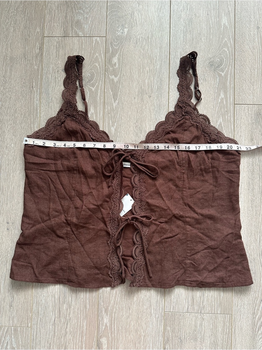Abercrombie & Fitch Lace Trim Tie Front Top Tank Linen Blend Brown Sz XL NWT New - Picture 11 of 12